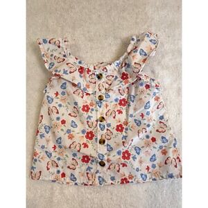 My Destiny Toddler Girls Butterfly Floral Ruffle Button Front Top White 24M